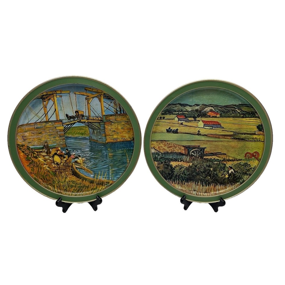 Vintage Sunshine Biscuits Tin Lid Serving Tray Set Featuring Van Gogh's Works